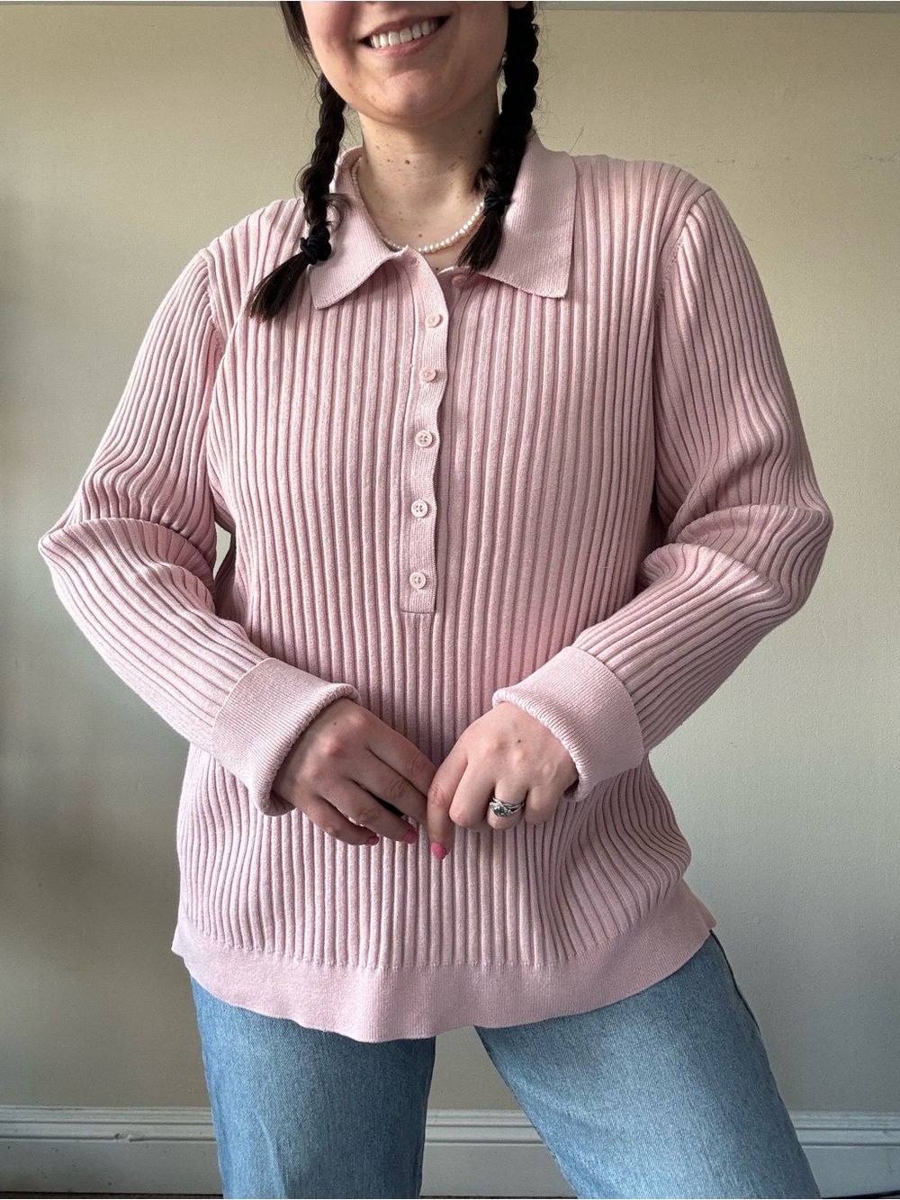 Athleta Soft Pink Ribbed Knit Polo Sweater